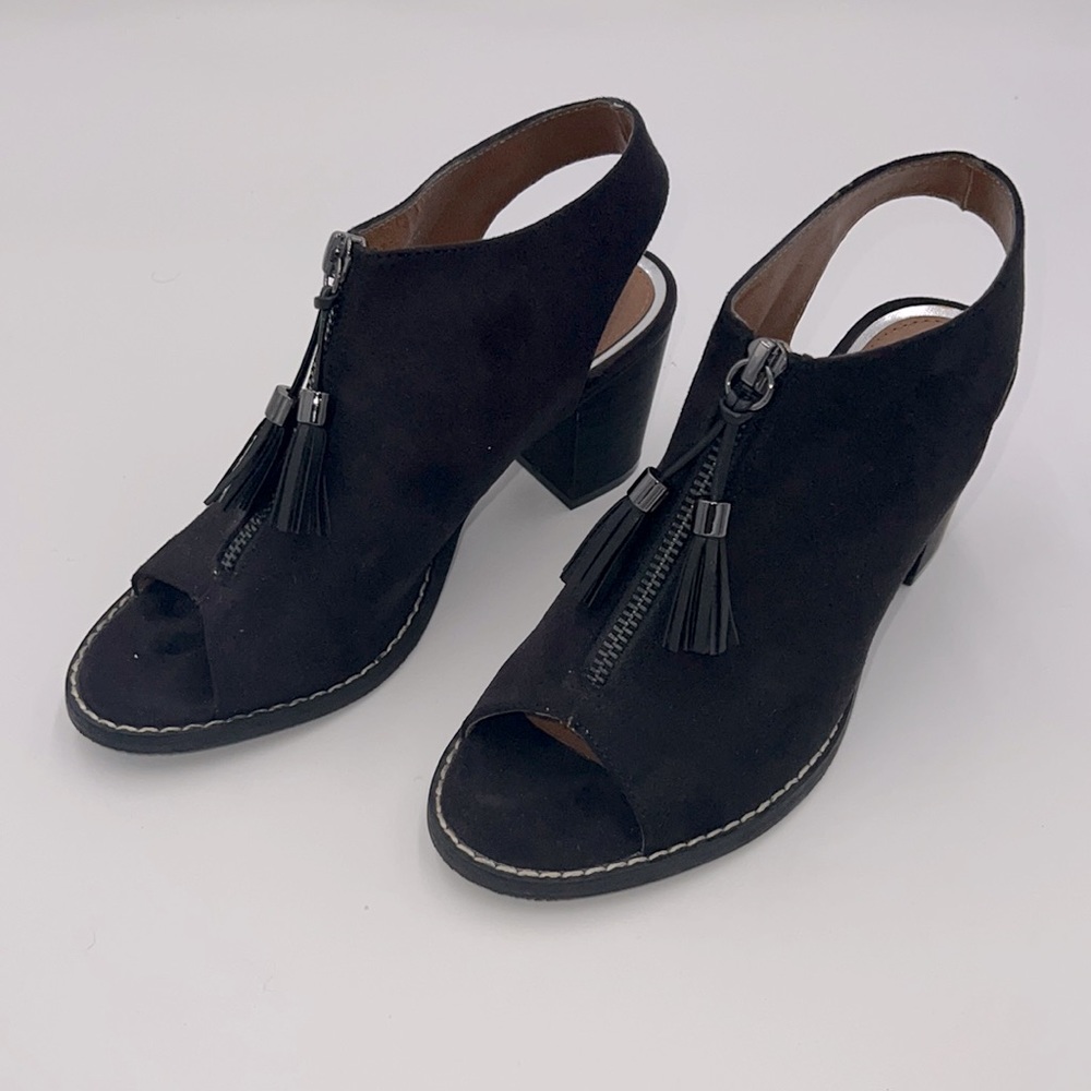 Madeline Black Suede Heels Zipper Tassel Sandals Ankle Booty Size 6